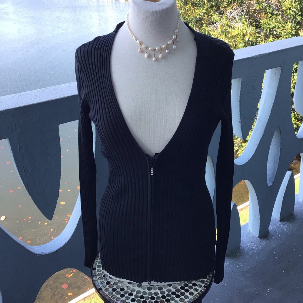 Cache Black Ribbed V-Neck Zip-Up Sweater with Rhinestone Zip Pull Accent